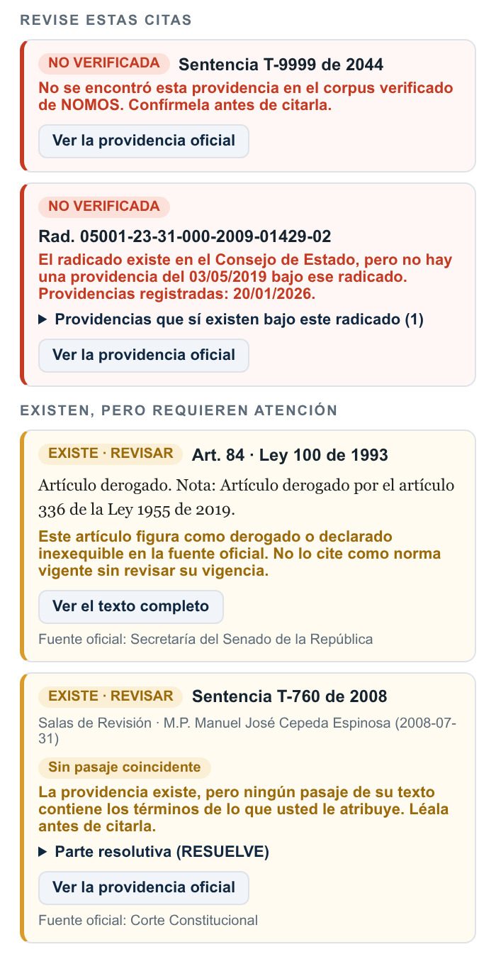 Panel de NOMOS dentro de Word: citas inexistentes en rojo, citas que existen pero no sustentan lo atribuido en ámbar